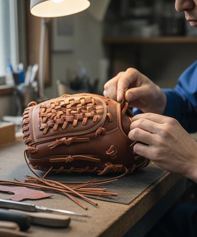 松戸市の工房で野球グラブの革紐を丁寧に交換している作業台